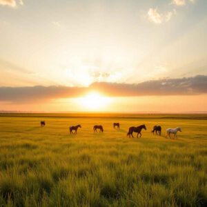 Weite Graslandschaft der ungarischen Puszta mit Sonnenuntergang und grasenden Pferden