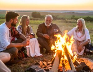 Ein Lagerfeuerabend in der ungarischen Puszta mit Wein, Pogácsa und Geschichten.“ Kurztext: „Wenn die Glut knistert, beginnt die Puszta zu erzählen.
