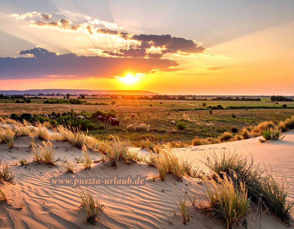 Sanddünen in der ungarischen Puszta bei Sonnenuntergang mit weidenden Tieren im Hintergrund