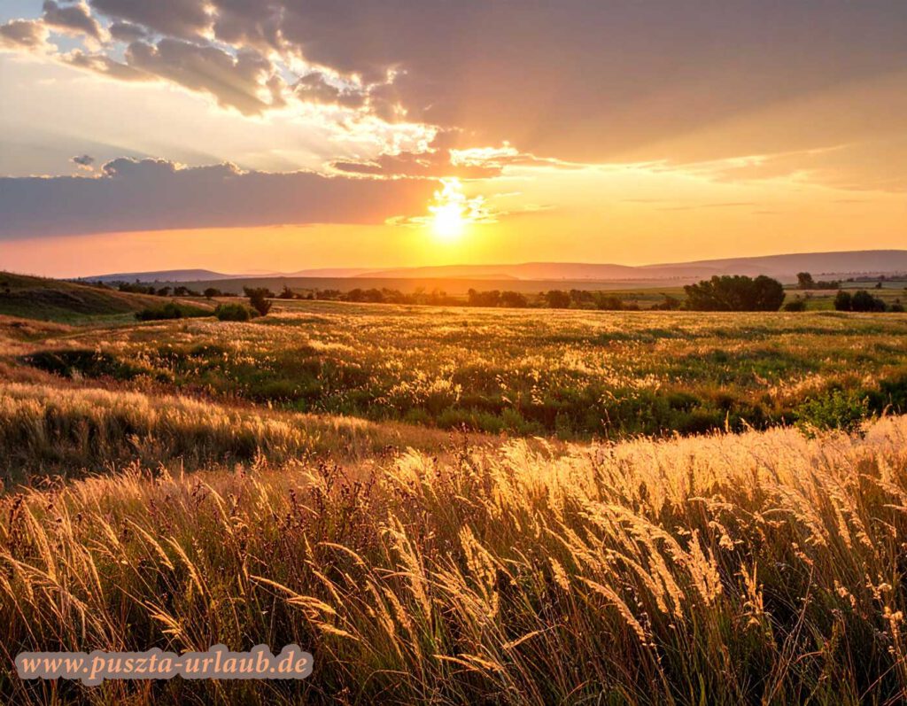 Goldener Sonnenuntergang über der endlosen Steppe der ungarischen Puszta mit weitem Horizont