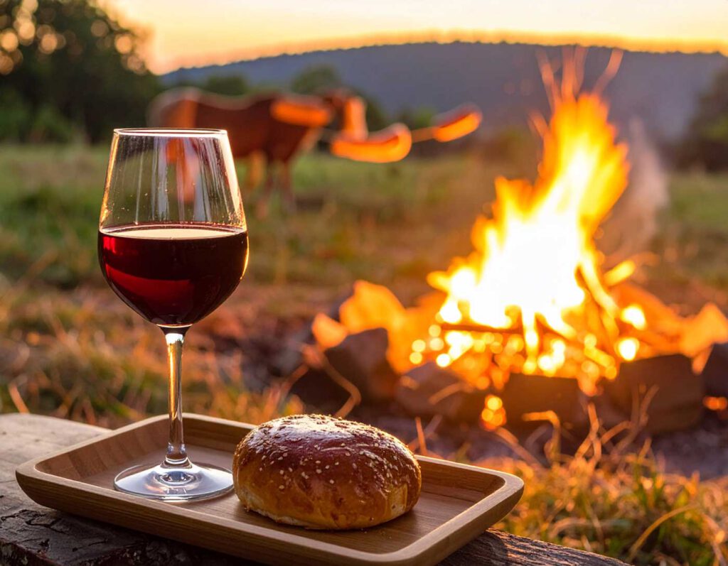Ein Glas Rotwein und Pogácsa am Feuer – Symbol für die ungarische Puszta.